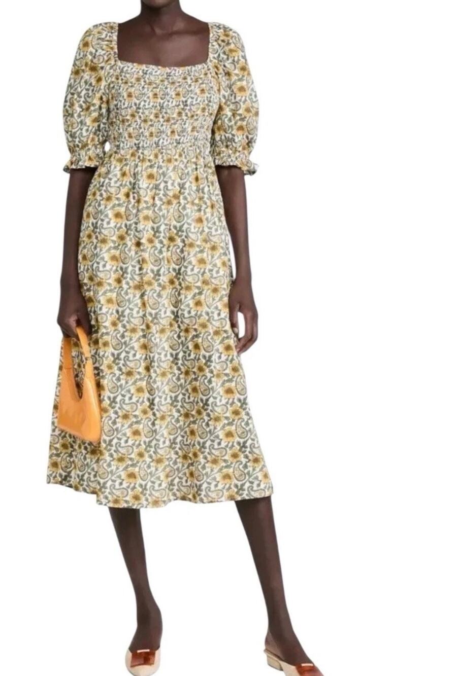 Anthropologie Raha Midi Dress Milkmaid Yellow Floral Puff Sleeve Cotton Small